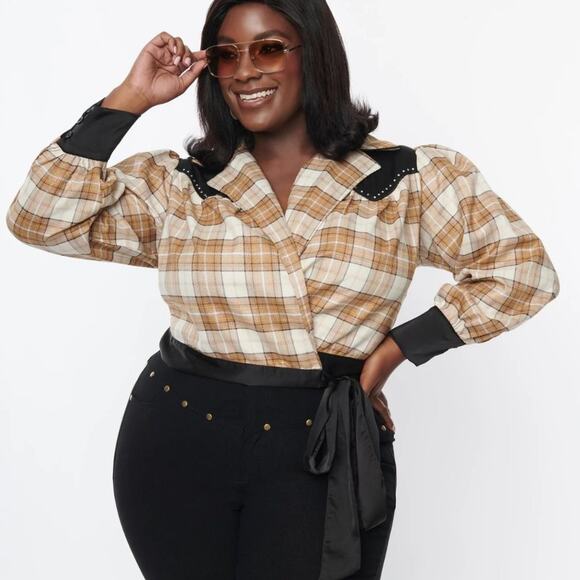 UNIQUE VINTAGE Brown Sparkle Plaid Western Wrap Crop Top {L17} - Picture 3 of 5